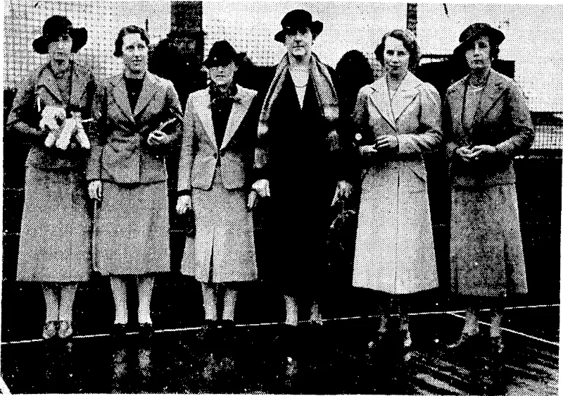 Members of the Australian women s golf team who arrived in Auckland yesterday to take part in the championship tournament, which opens at Napier on September 30. They are also to meet a New Zealand women's team for the Tasman Cup. From left, Miss B. Cheyney, Miss E. M. Button, Miss B. Kernot, Miss L.Wray, manager and captain, Mm St Tolhursi* and Mrs. S. Morpeth, "Sport and General"* Photo. A King and his wheelbarrow. . King Peter of Yugoslavia on holiday with the Boy Scouts on the banks oftheSavutza,near:th«rap<d *wnm«r residerm, ©» th* thorf^of X«A» 8U4% (Evening Post, 21 September 1937)