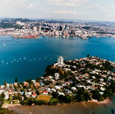 Image: Aerial view of Stanley Point, Devonport, and downtown Auckland, 1992