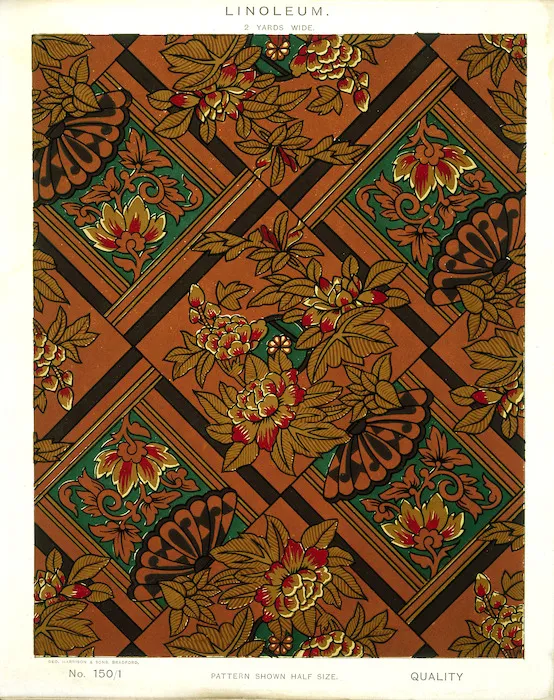 George Harrison & Co (Bradford) :Linoleum, 2 yards wide. [Victorian chinoiserie fan, peony and leaf pattern]. No. 150/1. Pattern shown half size. [1880s?]