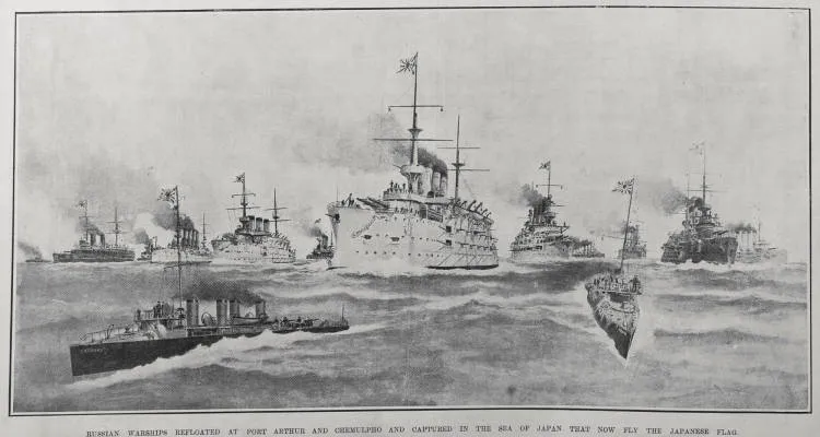 RUSSIAN WARSHIPS REFLOATED AT PORT ARTHUR AND CHEMULPHO AND CAPTURED IN THE SEA OF JAPAN THAT NOW FLY THE JAPANESE FLAG