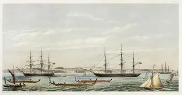Image: View of Auckland Harbour, New Zealand, taken during the Regatta of January 1862 (Race of the Maori War Canoes)