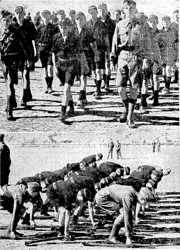 Image: Evening Post" Photo. Rongotai College Cadets have been undergoing, their annual "barracks" this week. Some of them are seen drilling at Kilbirnie Recreation Ground, where the training has been done, since the college grounds are occupied as part of the Exhibition site. (Evening Post, 05 April 1940)