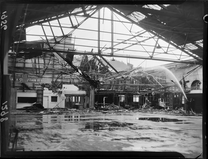 Aftermath of a fire at the Winter Show buildings, Wellington, showing extent of damage
