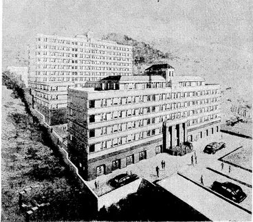 Image: Architect's drawing of a block of flats, to be known as "Wellesley Flats," and to be erected on a large piece of land between The Terrace and San Sebastian Road. 'The architects are Messrs. Walker and Muston and the builders will be the Fletcher Construction Co., Ltd. "Evening Post" Photo. The Auckland representative basketball team, winners of the Dominion championship at the Centennial tournament held this week in Wellington by the New Zealand Basketball Association. They won all their matches. From the right, V. Wyatt, captain, G. McKeown, M. Tangye, M. Everton, H. Hirst, K. Knott, J. Miles, B. Lynds, I. Johns, A. Boughtwood, and W. Stanton. (Evening Post, 28 March 1940)