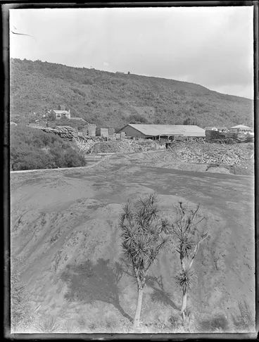 Image: The Kakahi Sawmill with sawdust mound, a water race, waste wood and stacked timber, Kakahi District, Manawatu-Whanganui Region