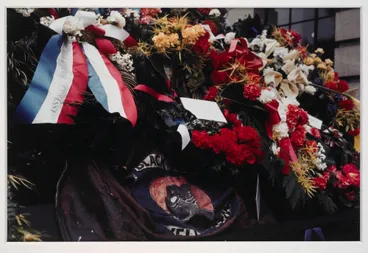 Image: Denis O'Reilly's Black Power jacket and wreaths in Norman Kirk's funeral cortège