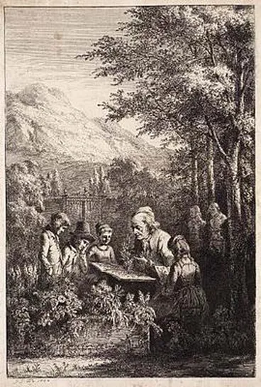 Image: Old man teaching young children botany