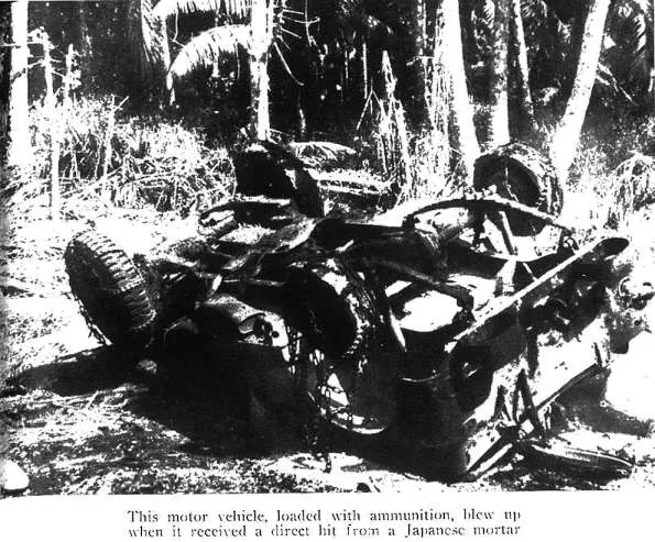 This motor vehicle, loaded with ammunition, blew up when it received a direct hit from a Japanese mortar