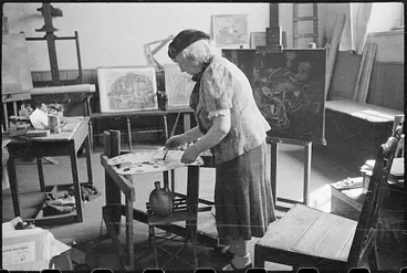 Image: Frances Hodgkins at work in her studio, Corfe Castle village, Dorset