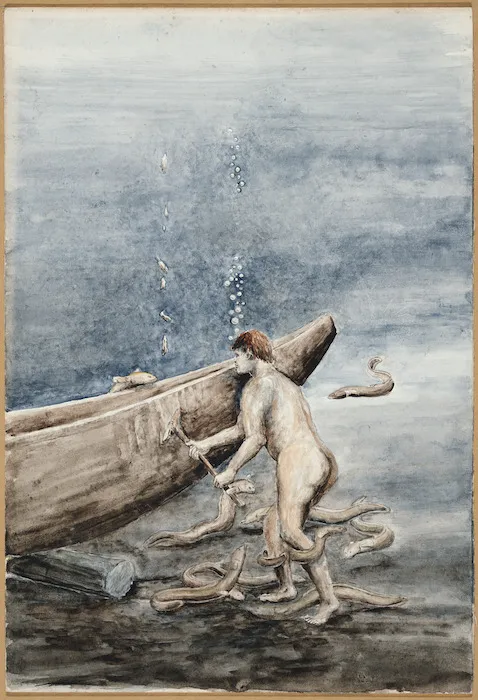 [Downes, Thomas William] 1868-1938 :[Tama-tuna adzes out his canoe under the water. 1938?]