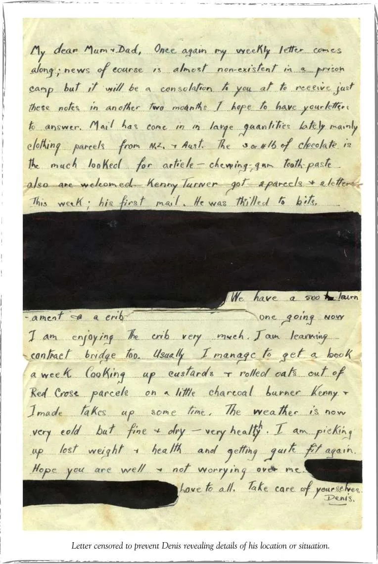 Letter censored to prevent Denis revealing details of his location or situation
