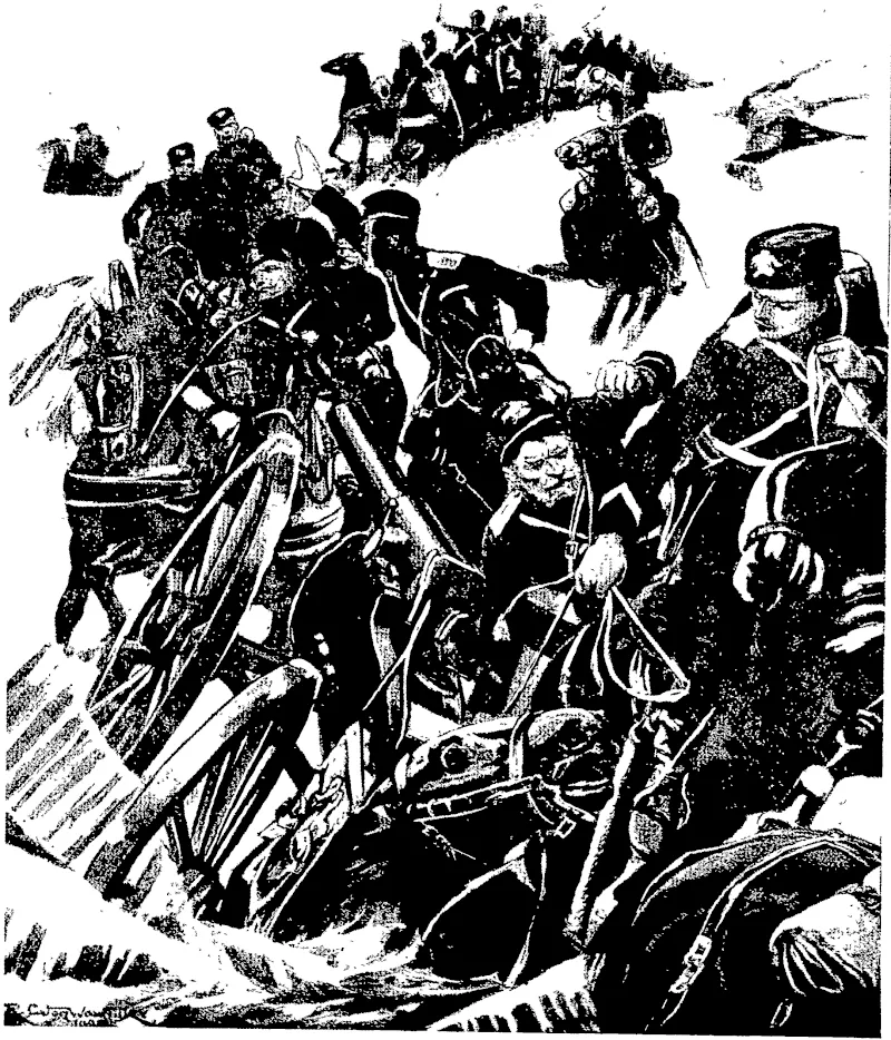 THE RUSSO-JAPANESE WAR. A RUSSIAN BATIERY IN TROUBLE IN THE  BROKEN ICE.  This is one of the many difficulties which beset the transport of artillery during the winter season m Manchuria. The company has evidently miscalculated, the bearing strength of the  Til * 4-^T' VffeeTc result that the gun aJld gun-team have been left in an awkward predicament Â—Illustrated London .News. *Â• (Otago Witness, 18 May 1904)