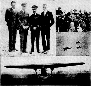 Image: At the top left (from loft to right), Mr. H. A. Litchfield, Lieut. C. P. T. Ulm, Captain Kingsford,Smith, and Mr. T. H. M'Williams, the four airmen who have again conquered the Tasman Soa, by returning to Australia through the air, show/mg that this method of-travelling is possible both ways. At the top right, Captain Kingsford Smith is seen after receiving the Commonwealth's monetary gift at the hands of the.Prime Minister (Mr. S. M. Bruce) at the termination of the Pacific side of the adventure. In the centre right is the aeroplane South Cross, accompanied-by two Bristol bombers, which joined the visitor on the first arrival at Christchurch, and were the last to see the great 'plane as it left Blenheim on Saturday morning last. Below is the Southern Cross making the initial contact with New Zealand at Sockburn after a fast journey,'during which Wellington was the first of the Dominion's cities to get. a glimpse of – ' ; ; the aerial visitor. . ; , . , ■ ( (Evening Post, 15 October 1928)