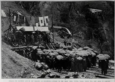 Image: PIERCING THE SOUTHERN ALPS OF NEW ZEALAND: AN INAUSPICIOUS OPENING TO THE GREAT OTIRA TUNNEL WORKS, WHICH WILL COST £600,000 TO COMPLETE