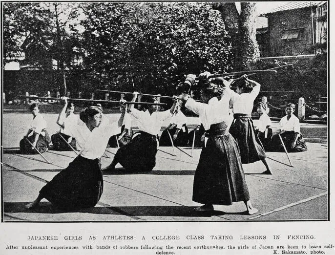 Japanese girls as athletes: a college class taking lessons in fencing