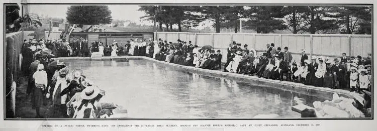 Opening of a public school swimming bath. His Excellency the Governor Lord Plunket, opening the Jeannie Fowlds Memorial Bath at Point Chevalier, Auckland, December 23, 1907