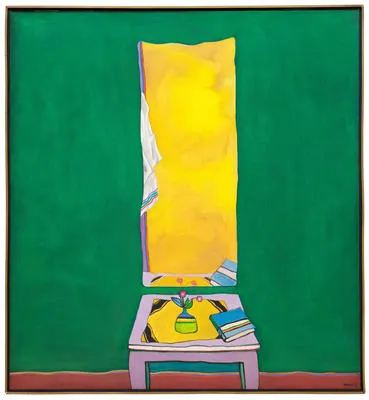 Table and mirror and a green interior