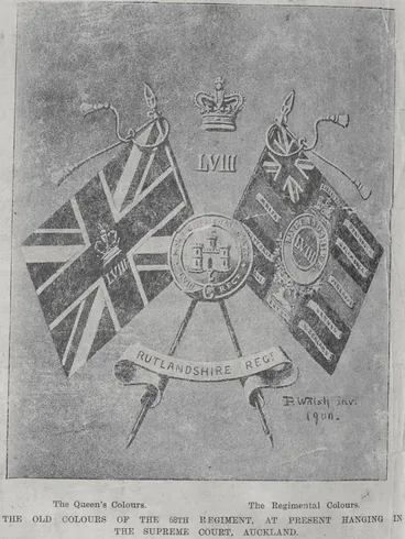 Image: The old colours of the 58th Regiment, at present hanging in the Supreme Court, Auckland