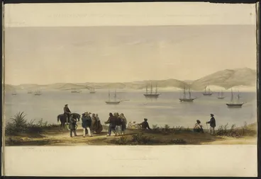 Image: Smith, William Mein 1799-1869 :The harbour of Port Nicholson and the town of Wellington (sketched in the middle of the year 1842). [central portion].