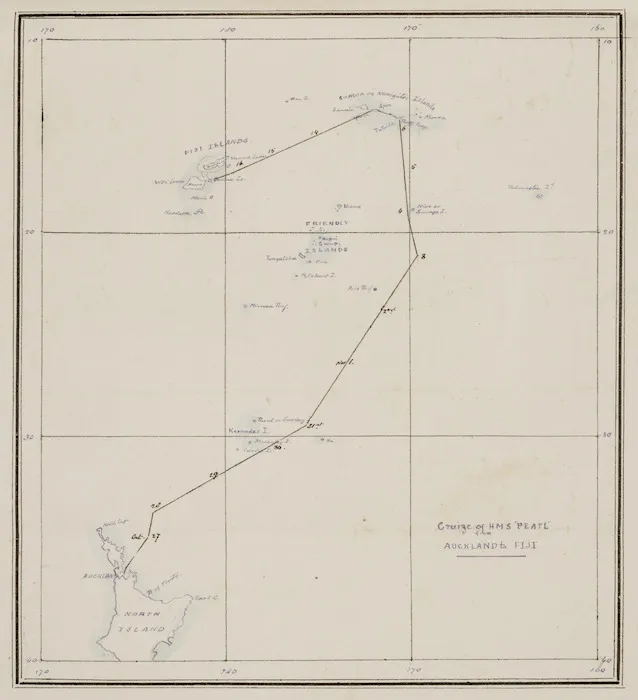 Map of North Island of New Zealand, Samoa and Fiji