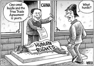 Image: "One small hurdle and the Free Trade Agreement is yours." "What hurdle?" 27 February, 2008