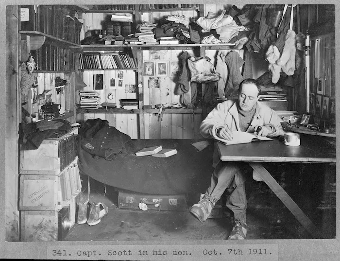 Robert Falcon Scott in his den, Antarctica