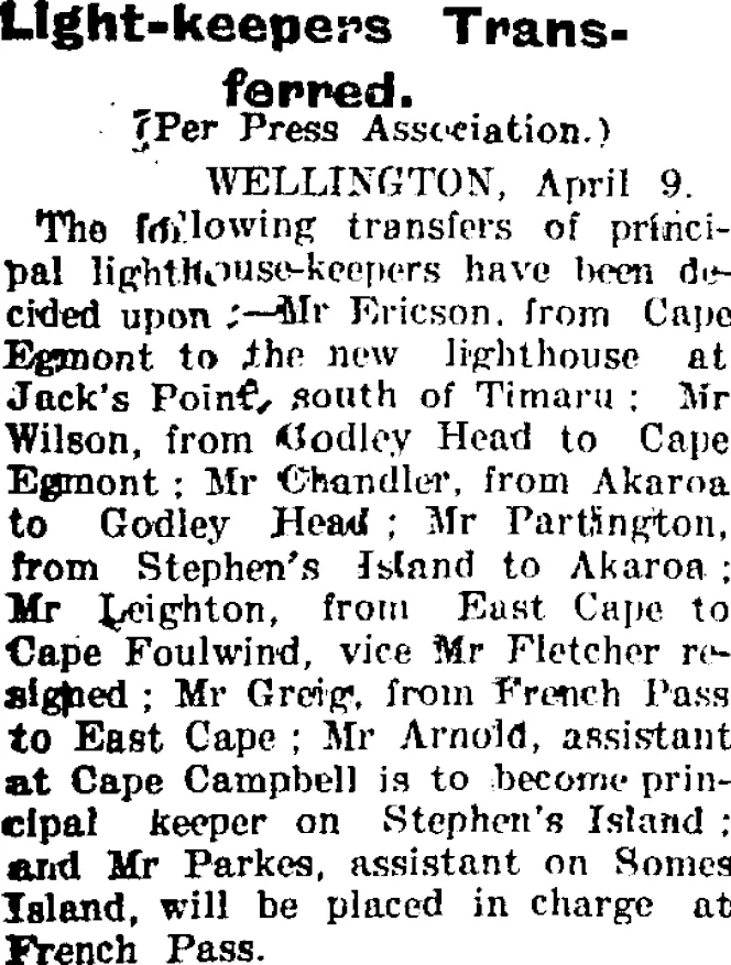 Light-keepers Transferred. (Taranaki Daily News 11-4-1904)