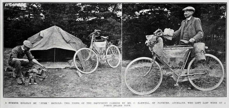A summer holiday by 'push' bicycle: two views of the equipment carried by Mr C Barwell of Panmure, Auckland, who left last week on a North Island tour