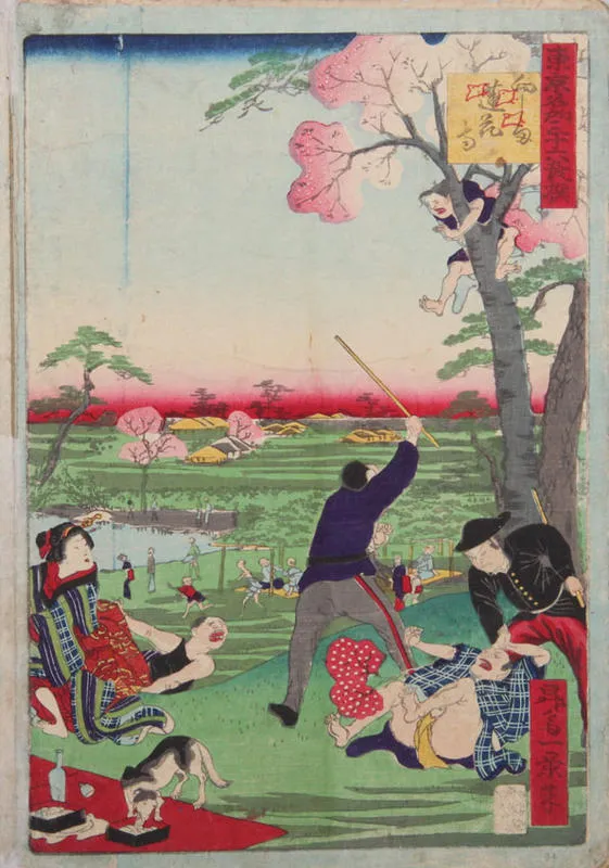 Policeman (?) threatens boy in a tree while another tackles a fallen man