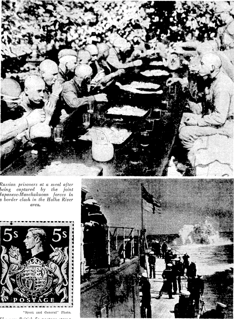 Russian prisoners at a meal after being captured by the joint Japanese-Manchukuoan forces in a border clash in the Halha River area. »: ■■ ■ " '" l " 4 "Sport and General" Thoto. TAe mcm; British 5s postage stamp, heraldic in character, ivhich ivas on sale in Britain on August 21. It stands out in light tones against m uniform dark red background. Fox Photo. Watching the explosion of a depth charge from the deck of a British ivarship during practice by the anti-submarine patrol in the Atlantic (Evening Post, 05 September 1939)
