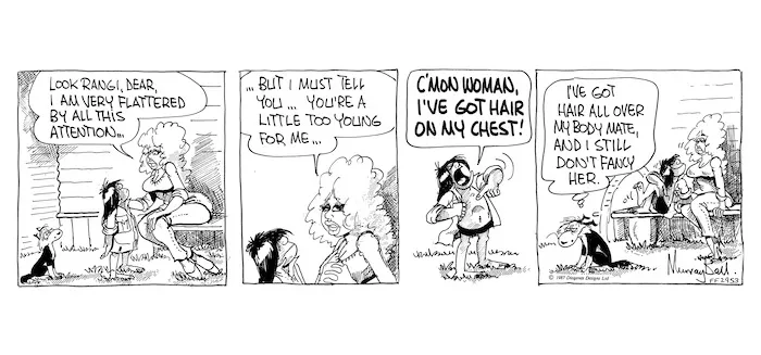 Ball, Murray Hone, 1939-2017:'Look Rangi, dear, I am flattered by all this attention...' 'Footrot Flats' 2953, 1987.