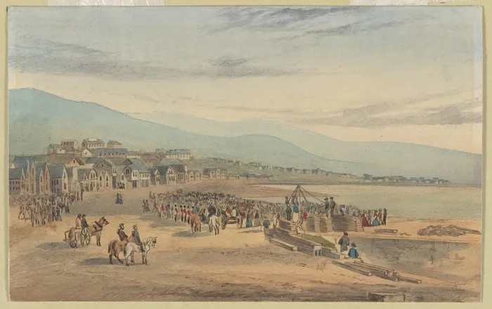 Hatton, Walter Scarlett, 1873-1938 :Laying the foundation stone of the Odd Fellows' Hall at Wellington, New Zealand 1859