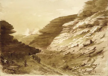 Image: Warre, Henry James, 1819-1898 :Watering place in the French Middle Ravine, Right Attack with the Mortar Battery, first parallel. [Crimea, 1855]