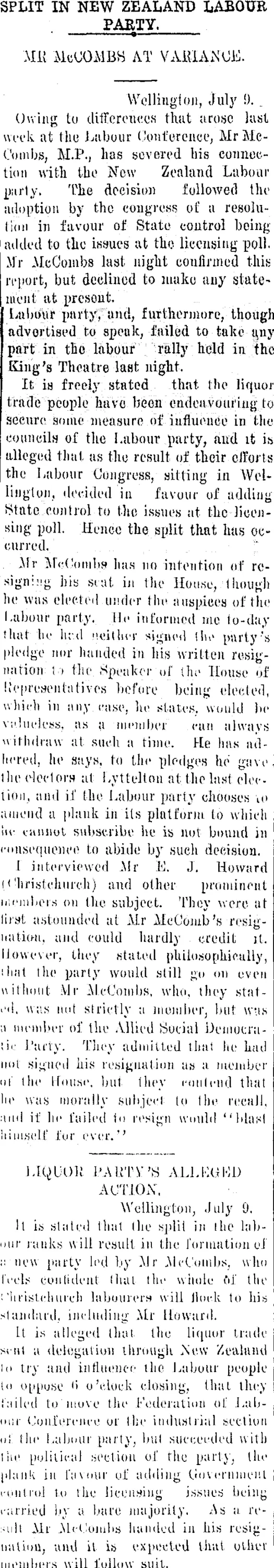 SPLIT IN NEW ZEALAND LABOUR PARTY. (Tuapeka Times 11-7-1917)