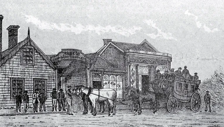 Cobb & Co. Corner of Cashel and High Streets, 1872