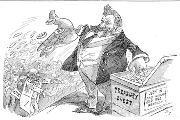 Image: Peemier Dick : Here yon are, my good friends, here is gold in plenty for your old age. It is a big price to pay for votes, near two hundred thousand, but it is also money well spent. (Observer, 15 October 1898)