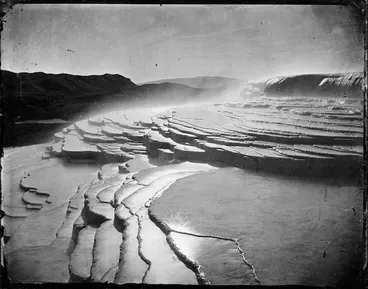 Image: Terraces at Rotomahana, Rotorua district - Photograph taken by Hemus and Hanna