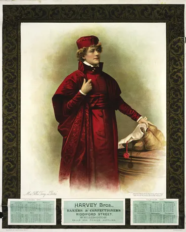 Image: Harvey Bros (Firm) :Miss Ellen Terry as "Portia". Harvey Bros., bakers & confectioners, Riddiford Street, Wellington. Balls and picnics supplied. (Copyright, entered at Stationers Hall).