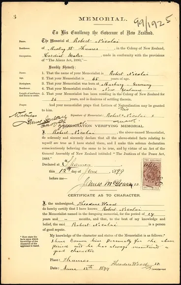 Image: Robert Nicolai, naturalisation application (1899)