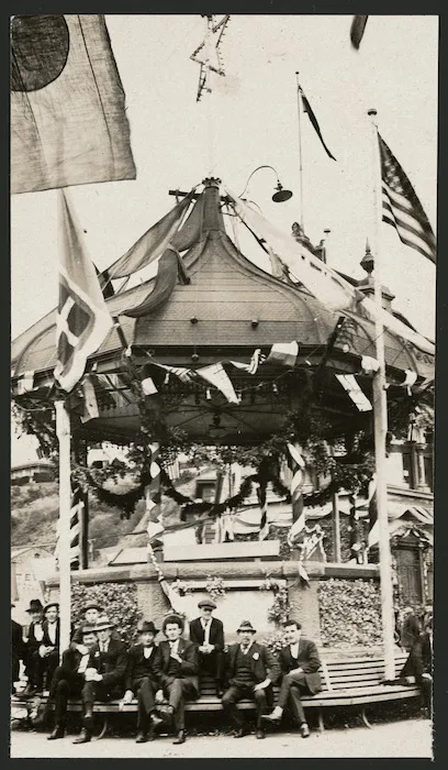 Band rotunda, Port Chalmers, decorated for Peace Day