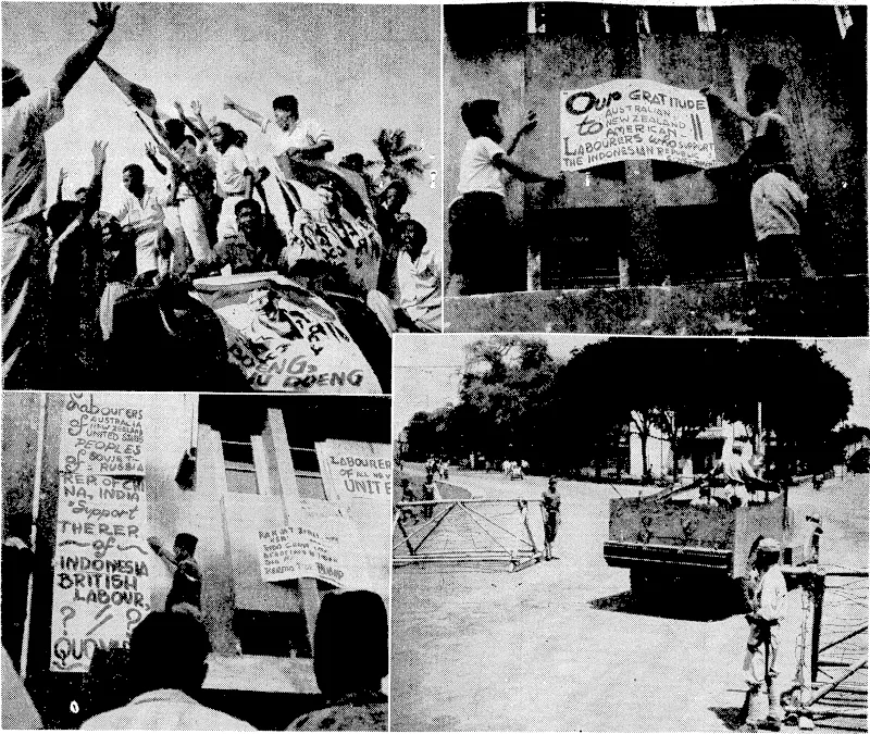 Javanese Nationalists whipping up enthusiasm for their cause in the suburbs of Batavia. Their red and white banners are flying everywhere, and signs are posted in prominent places appealing: "Wharf labourers of Australia, New Zealand, U.S.A., Soviet Russia, China, India, come to the help of the Indonesians." In the lower picture on the right a Japanese armoured car is seen passing a road block some miles from Batavia still guarded by Japanese soldiers. (Evening Post, 15 October 1945)