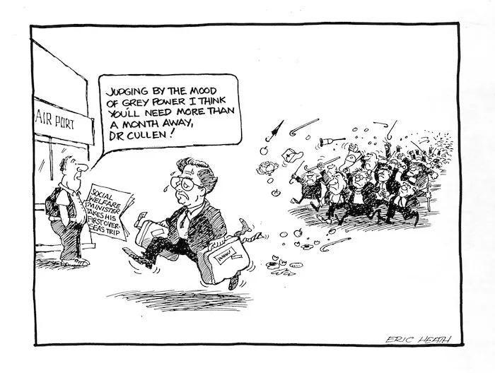 Heath, Eric :`Judging by the mood of Grey Power I think you'll need more than a month away, Dr Cullen!' The Dominion 1990.