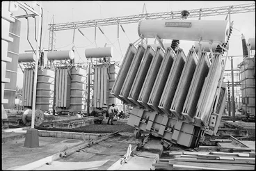 Image: Transformer toppled from its mountings at the Edgecumbe substation - Photograph taken by John Nicholson