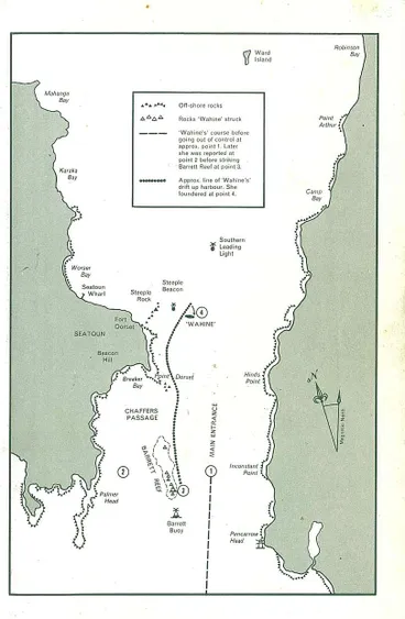 Image: Map of Wellington harbour, showing incidents in the disaster of the Wahine