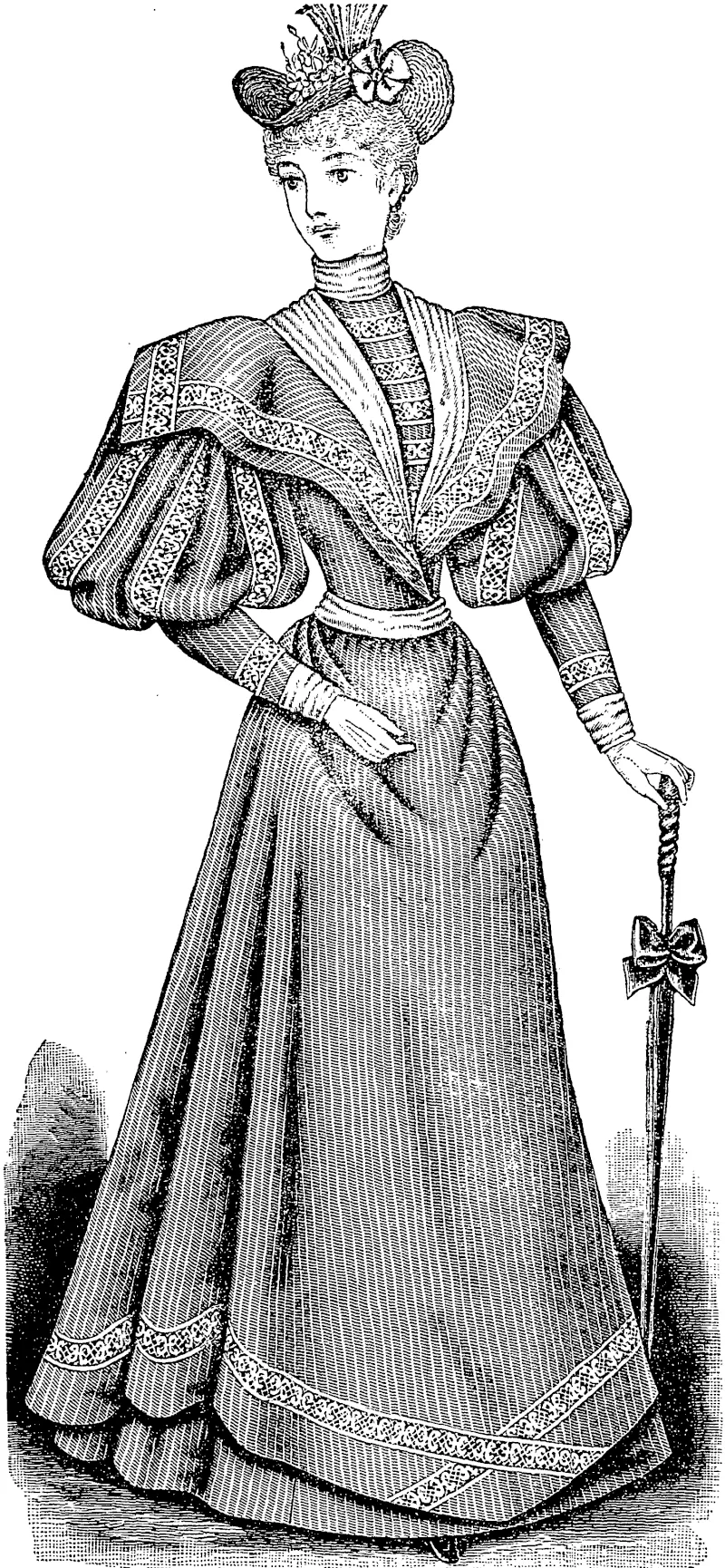 LADIES' COSTUME.  The pattern for this costume is in 13 sizes for ladies from 28 to 4(i inches, bust measure. To ninke the costume of one material for a lady of medium size, will require 14 yards 22 inches wide, or 10 l-Bth yards 30 inches wide, or 7�� yards 44 inches wide. (Observer, 21 July 1894)