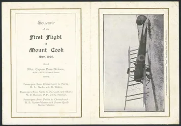 Image: New Zealand Aero Transport Company :Above the clouds; the new Mt Cook Aero Coy. Souvenir of the first flight to Mount Cook, May 1920. [Printed by] A B & Co. Ltd, Christchurch [1920]