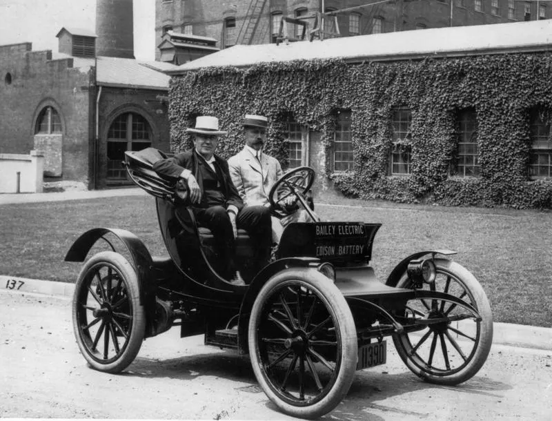 Thomas Alva Edison in his Bailey electric car powered by Edison battery, 1910