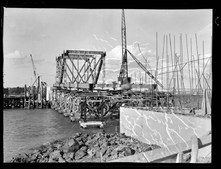 Auckland Harbour Bridge construction, St Marys Bay, 1957