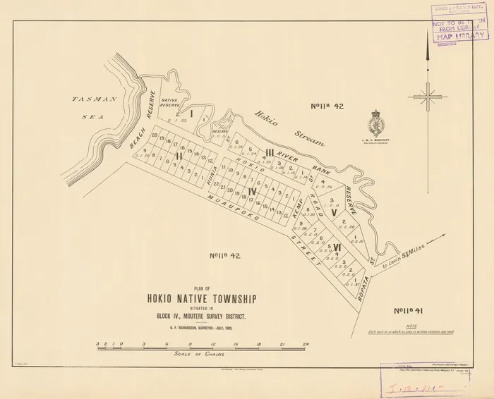 Plan of Hokio native township situated in Block IV, Moutere survey district [electronic resource] / G.F. Richardson, surveyor, July 1902.