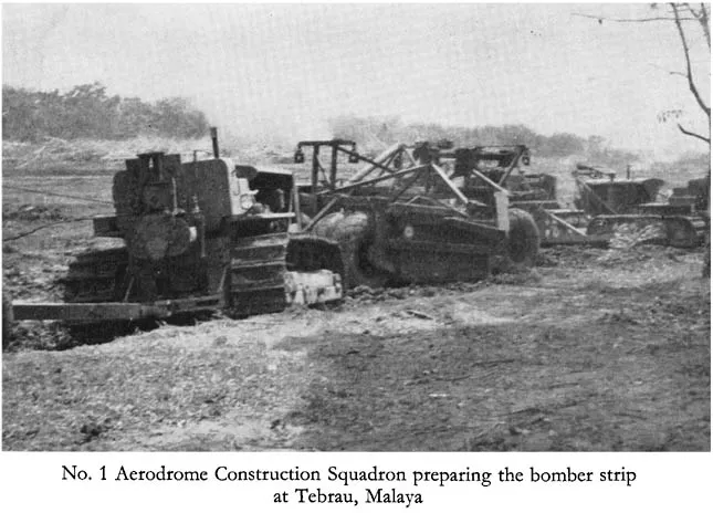 No. 1 Aerodrome Construction Squadron preparing the bomber strip at Tebrau, Malaya